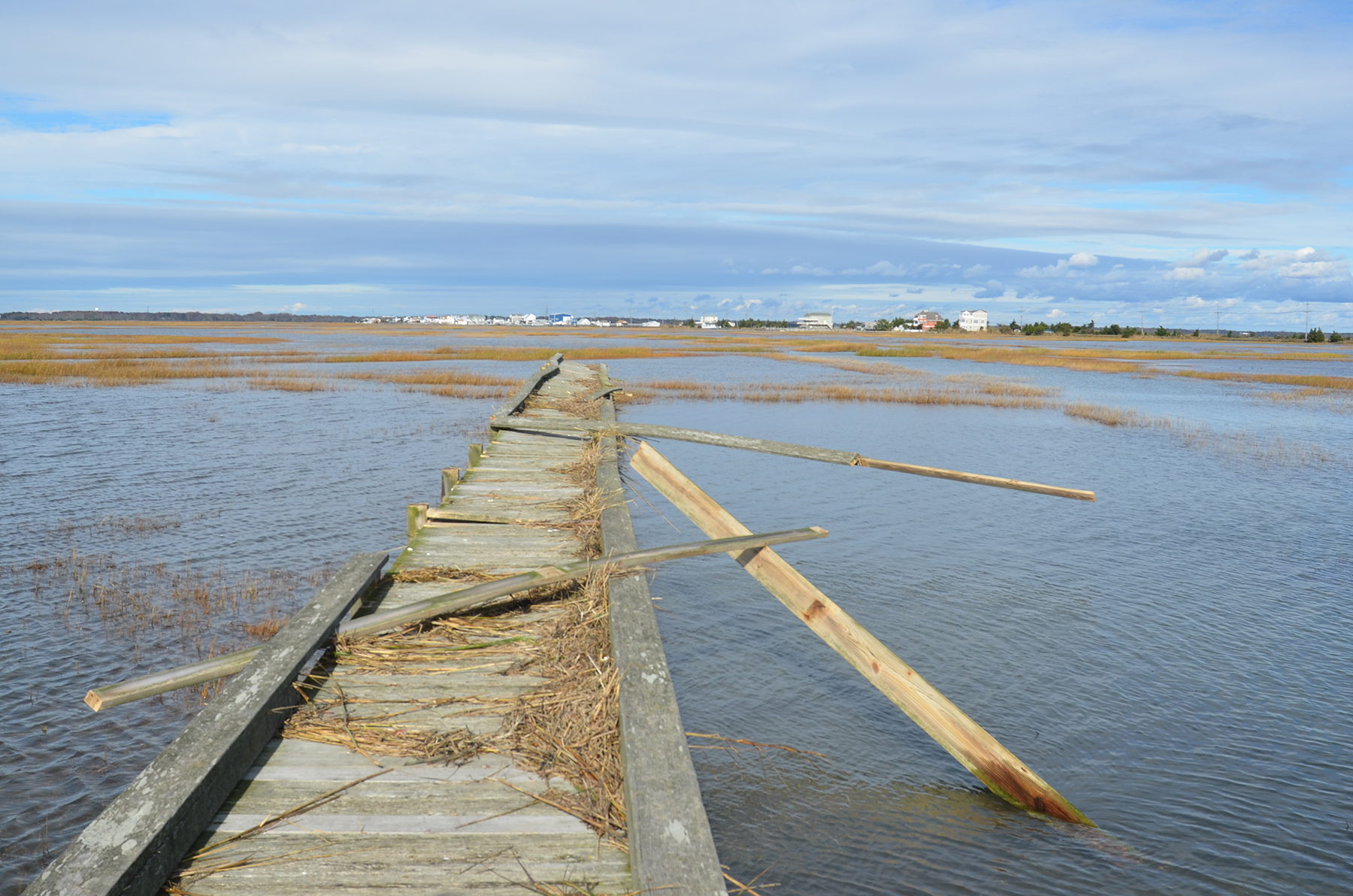 Storm damaged marsh boardwalk